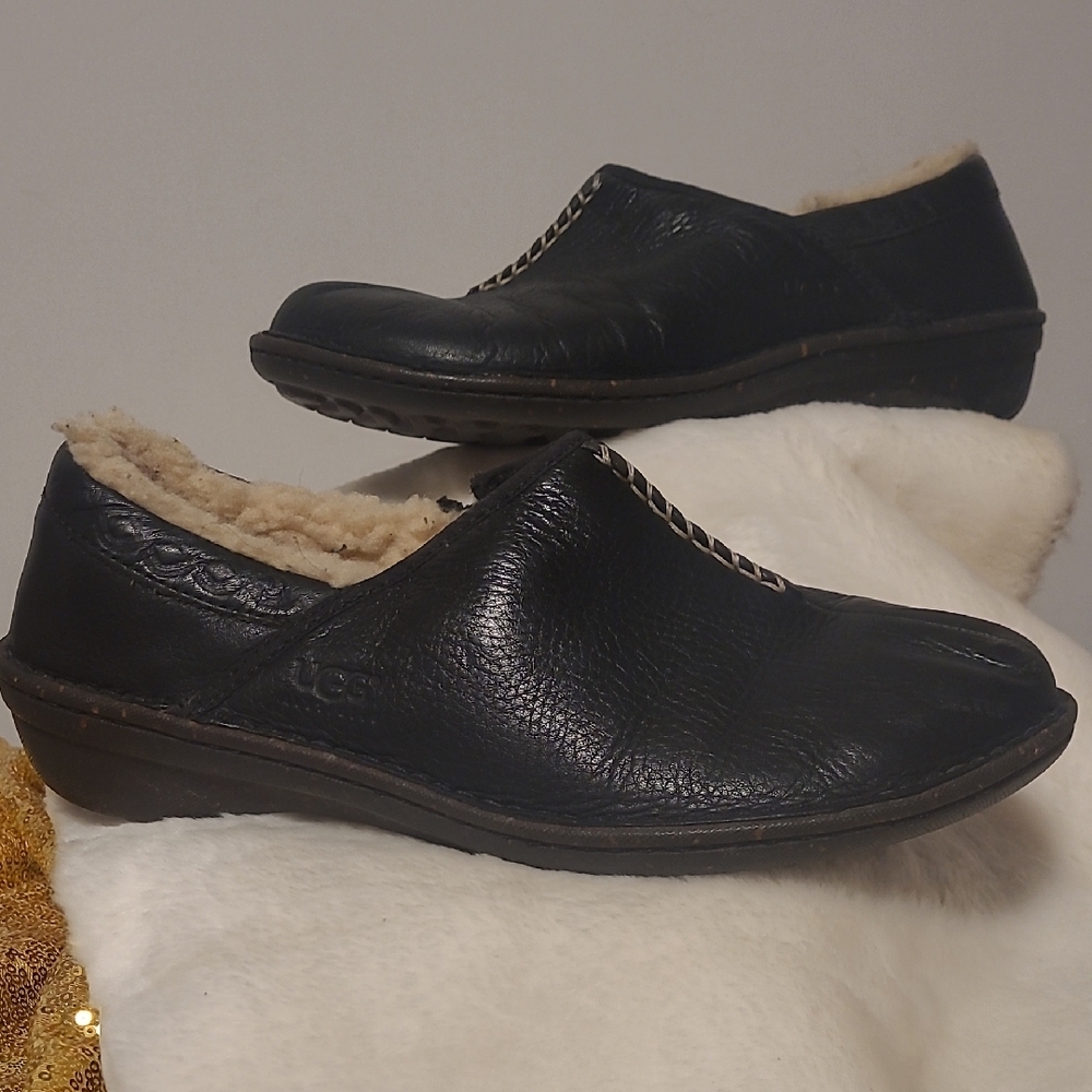 UGG Black Leather Flats with Shearling Lining